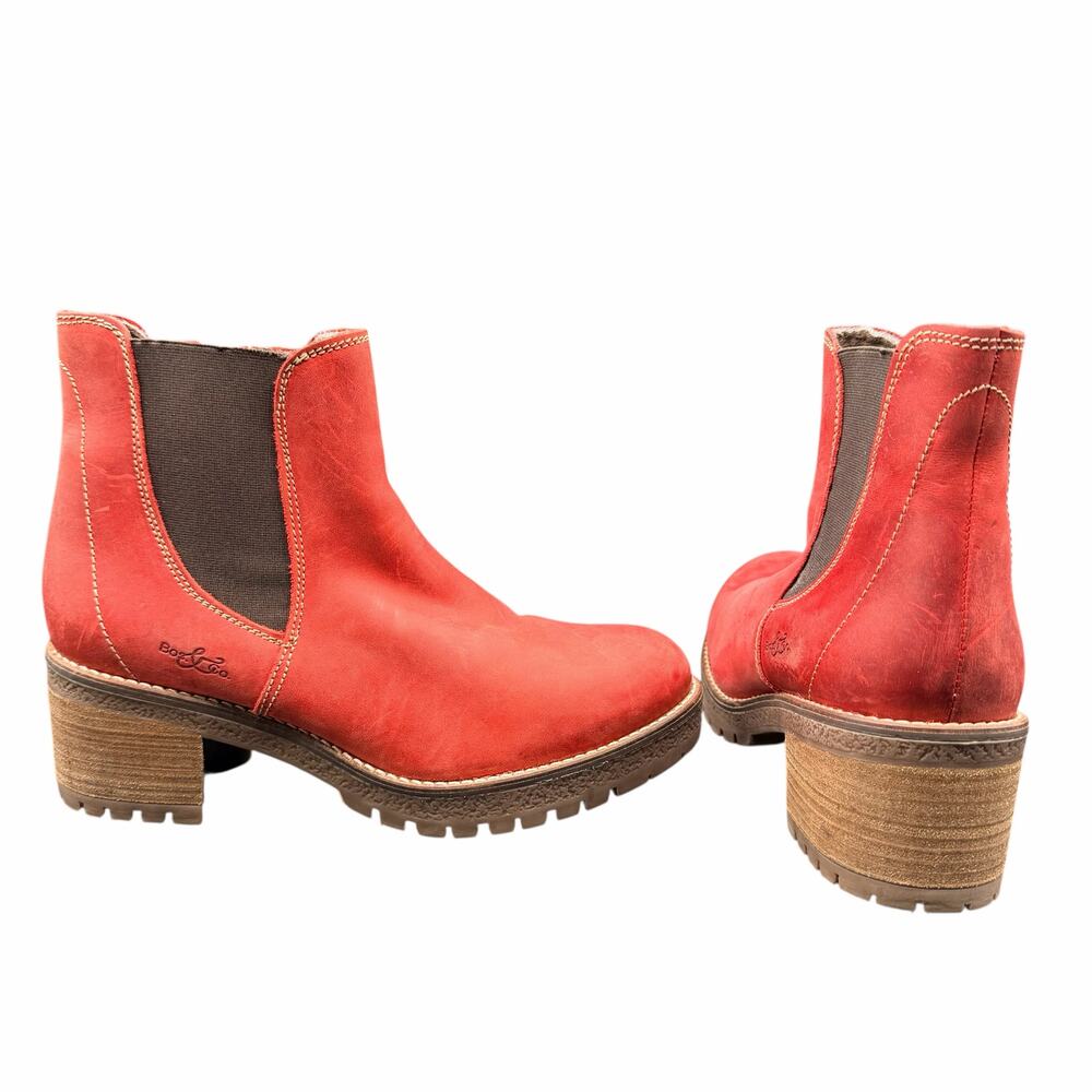 Bos & Co Red Leather Chelsea Ankle Boots EU 39 us 8.5 Chunky Heel Lug Sole